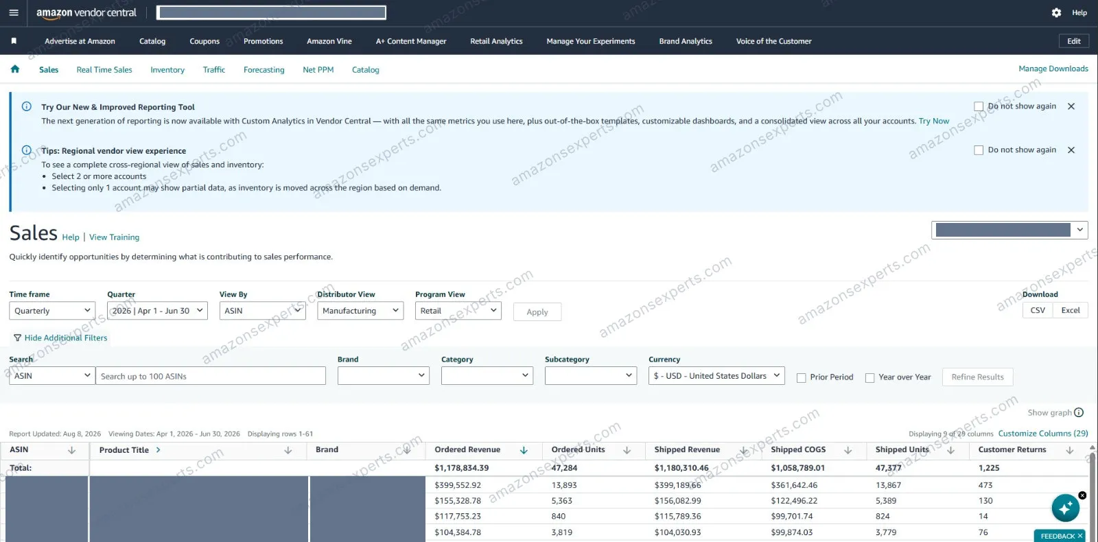Amazon Vendor Central retail analytics, quarterly sales report configured for April to June 2026 by ASIN on a manufacturing distributor view.